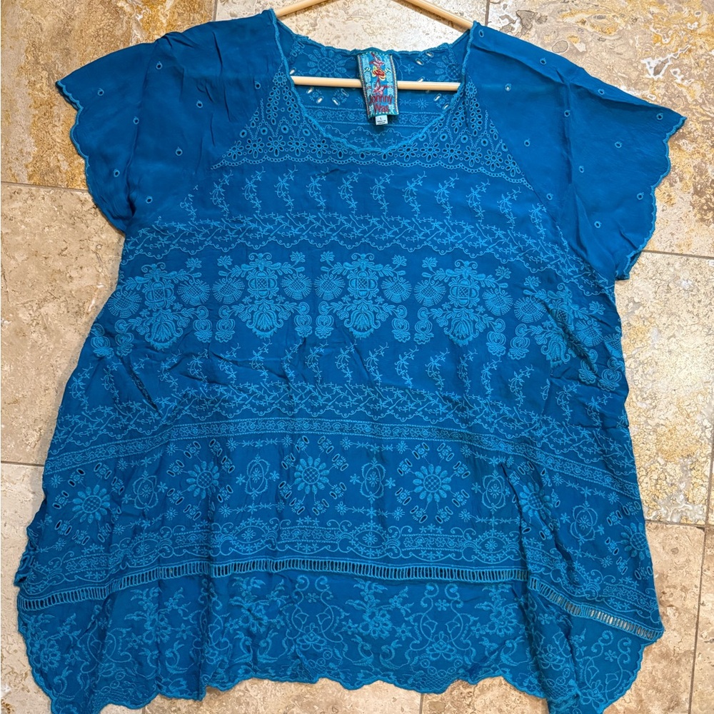 Johnny Was Teal Embroidered Blouse